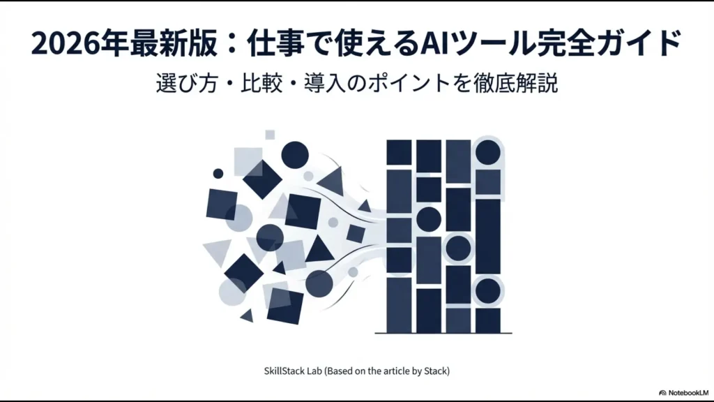 2026年最新版AIツール早見表と導入戦略のタイトルスライド画像