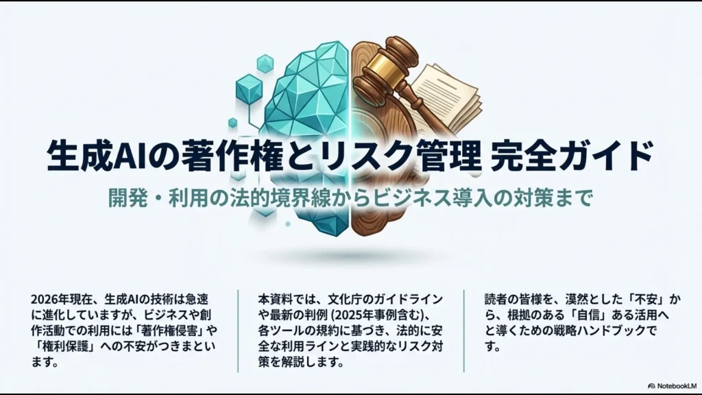 生成AIの脳のイメージと裁判のガベル（小槌）が描かれた、著作権とリスク管理ガイドの表紙スライド