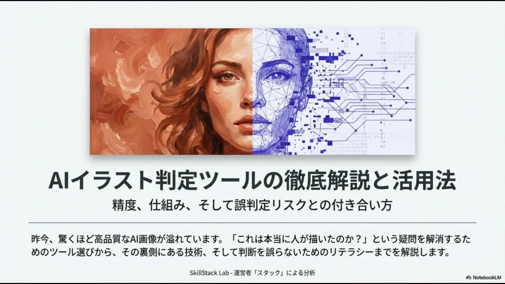 AIイラスト判定ツールの精度や仕組み、誤判定リスクを解説するスライドの表紙画像。運営者スタックによる分析資料