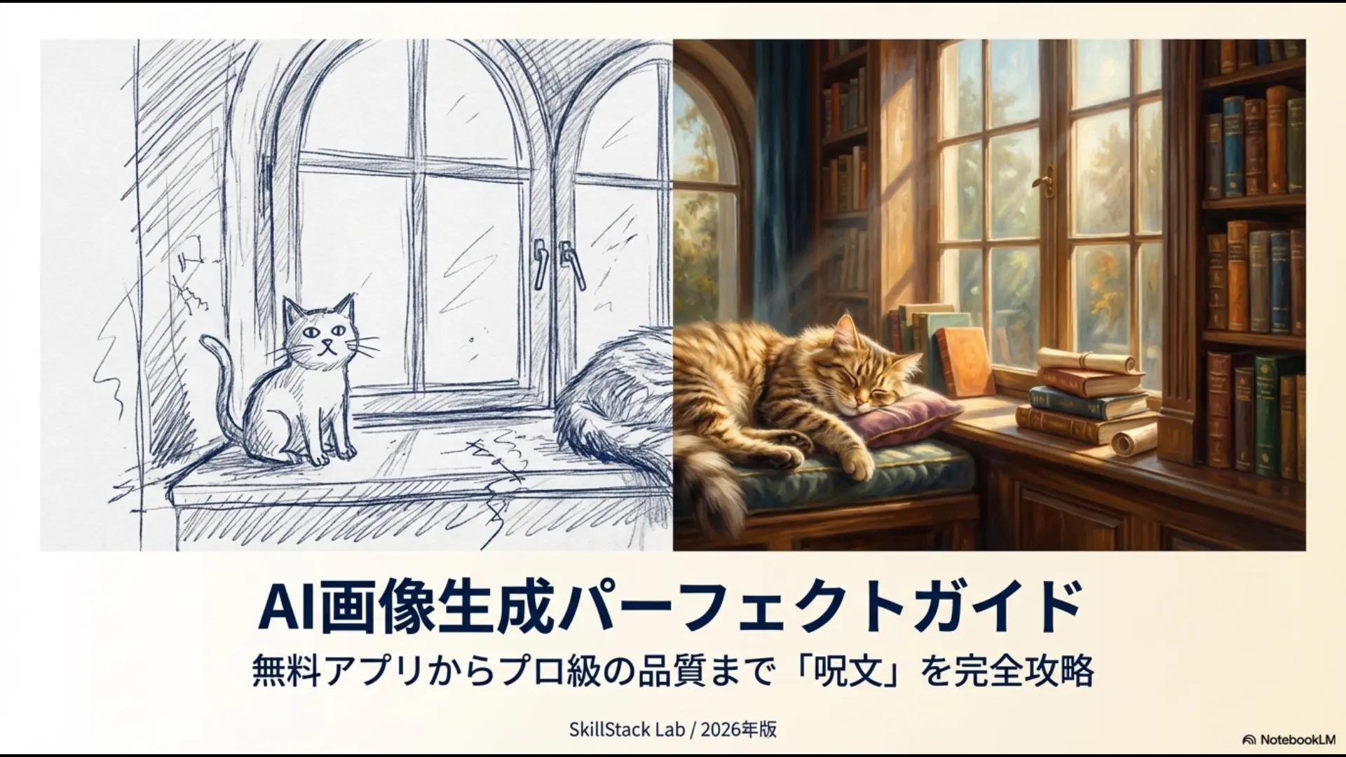 2026年版AI画像生成パーフェクトガイド、無料アプリからプロ級品質までの呪文攻略スライドの表紙。