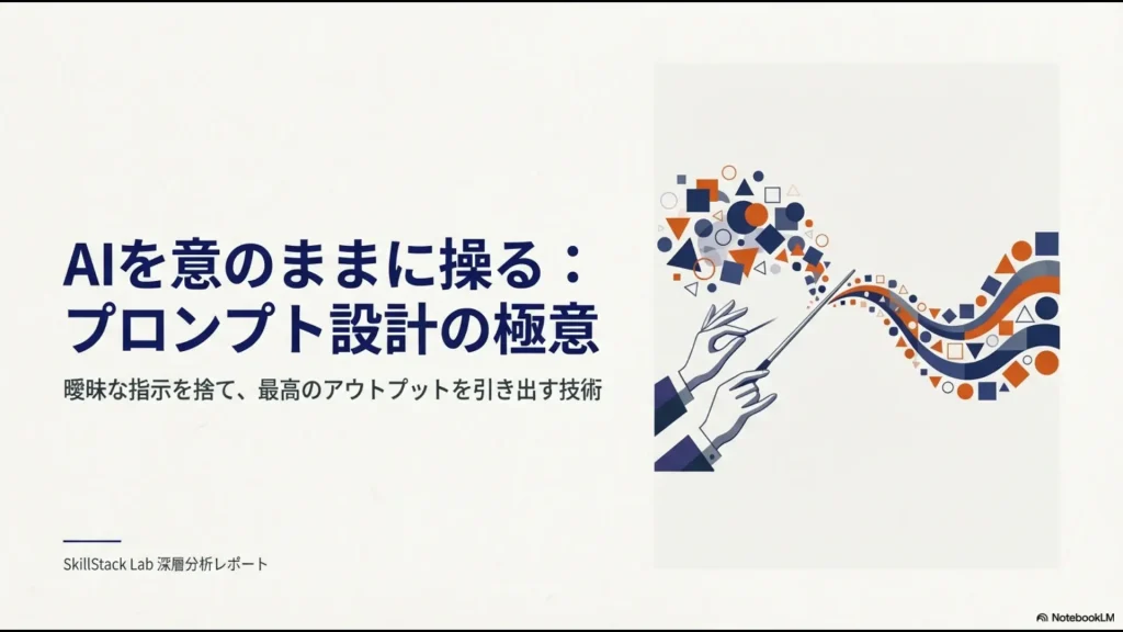 AIを意のままに操り最高のアウトプットを引き出すためのプロンプト設計の極意を示したスライド表紙 。