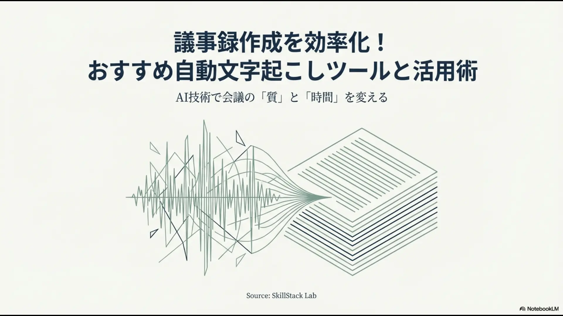 議事録作成を効率化するおすすめ自動文字起こしツールと活用術の紹介スライド。AI技術で会議の質と時間を変える。
