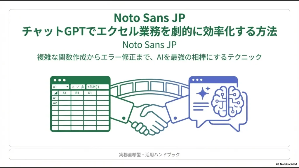 チャットGPTでエクセル業務を劇的に効率化する方法を解説するタイトルのスライド画像。複雑な関数作成からエラー修正までを網羅 。