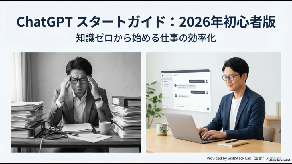ChatGPTスタートガイド2026年初心者版、知識ゼロから始める仕事の効率化、SkillStack Lab提供のスライド表紙