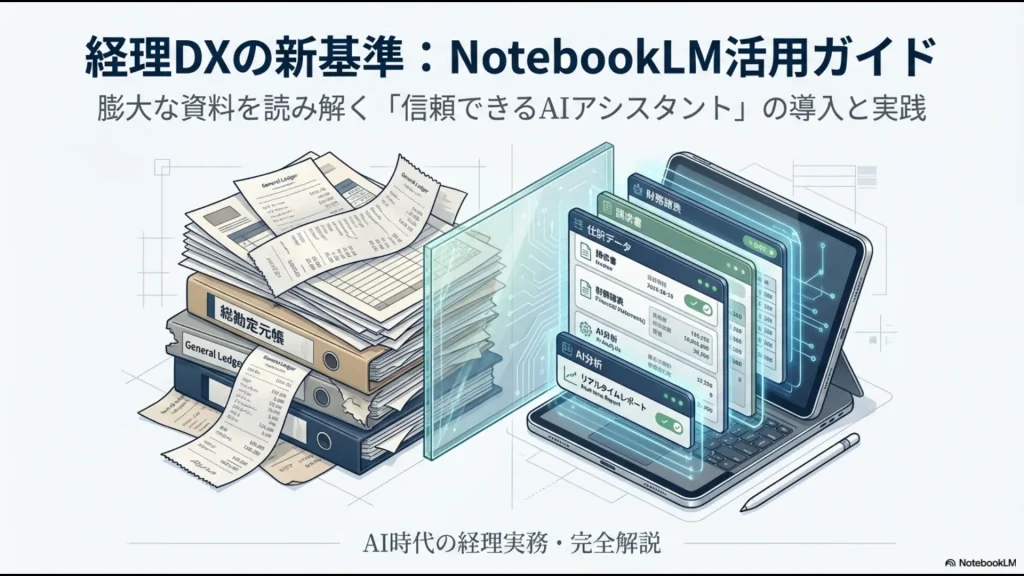 経理DXにおけるNotebookLM活用のイメージ画像。山積みの帳簿とタブレット上の仕訳データ。