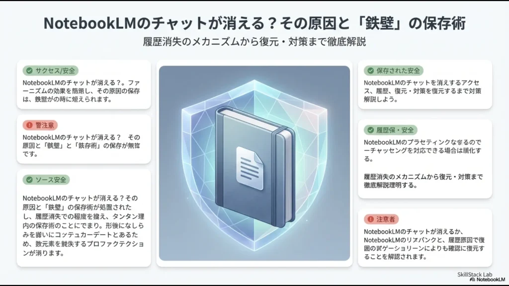 NotebookLMのチャットが消える原因と鉄壁の保存術を解説するタイトルスライド