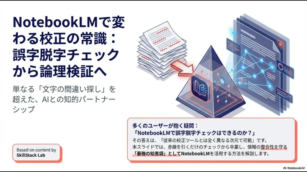 NotebookLMが誤字脱字チェックを超え、論理検証を行う知的パートナーへと進化することを解説するタイトルスライド。