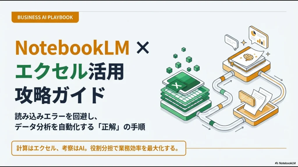 NotebookLMとエクセルを連携させて読み込みエラーを回避し、業務効率を最大化する攻略ガイドの表紙。