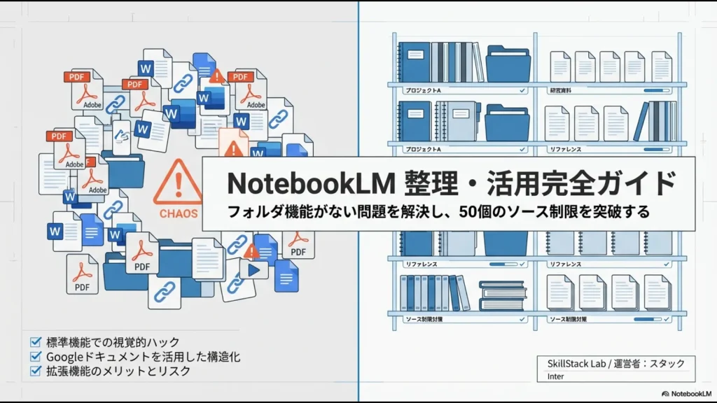 NotebookLMの「フォルダ階層がない」課題と「ソース上限50個」の制限を2つの壁として表現した図解スライド。