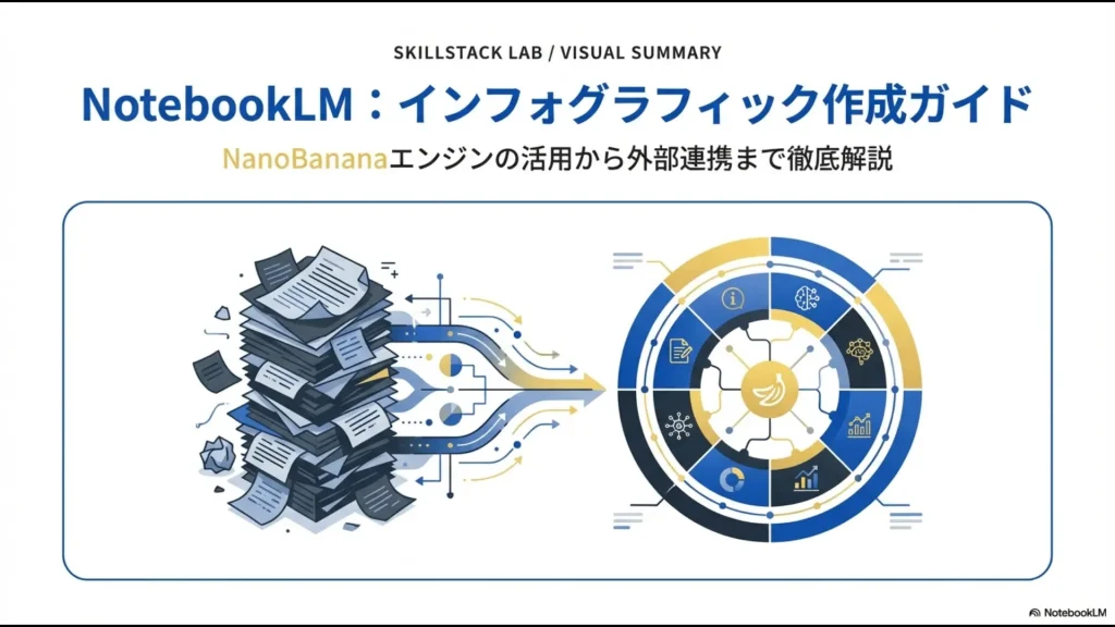 NotebookLMのインフォグラフィック作成術と外部ツール連携の全体概要を示すスライド