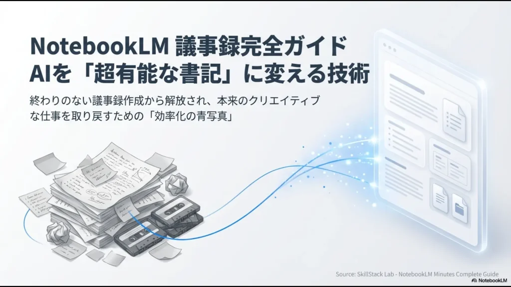 SkillStack Labが提供する、AIを活用した効率的な議事録作成の青写真を示したタイトルスライド