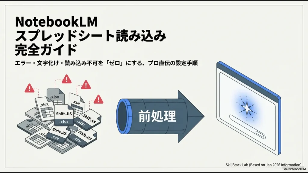 NotebookLMでスプレッドシートやCSVの読み込みエラーを防ぐための前処理の重要性を示すイメージ図