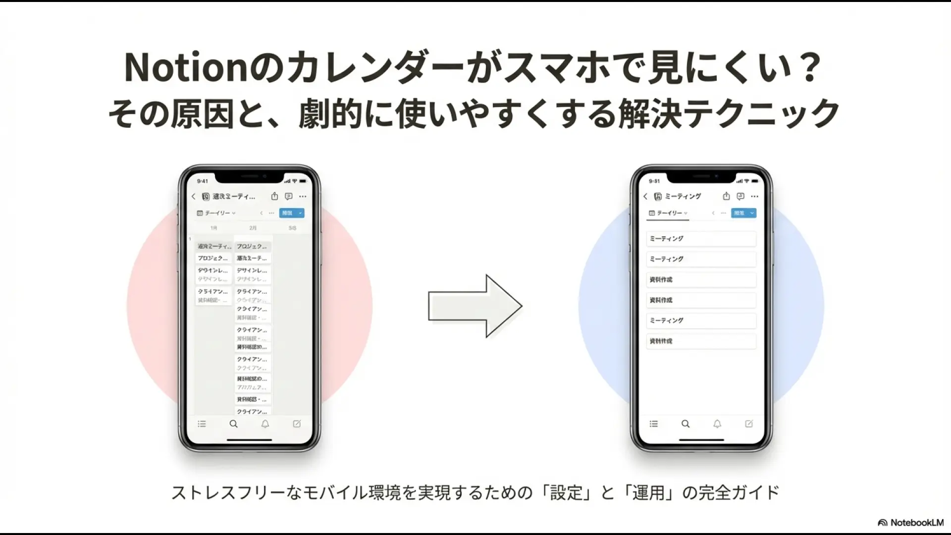 Notionのカレンダーがスマホで見にくい原因と解決テクニックを解説するガイドのタイトルスライド 。
