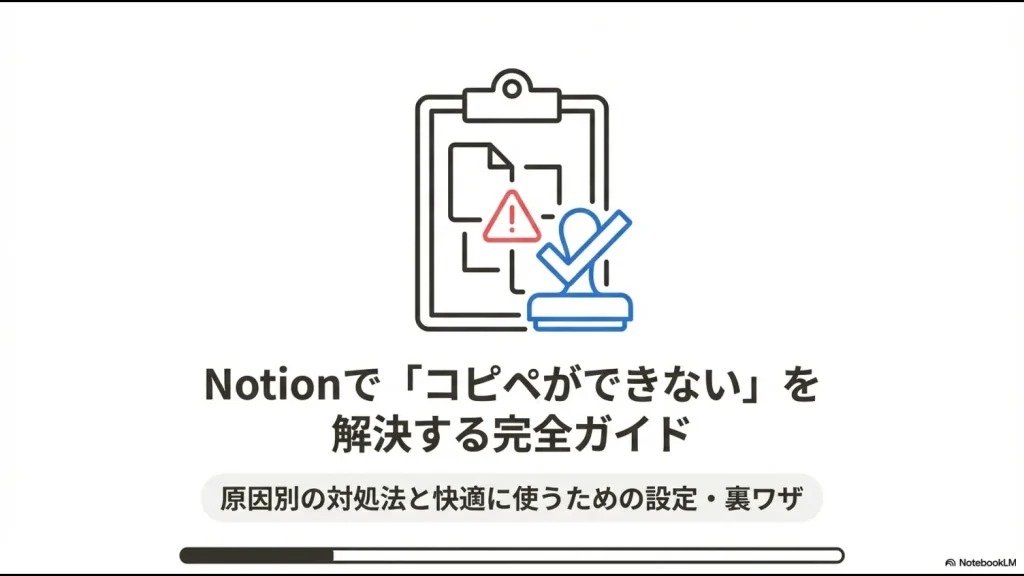 Notionでコピペができない問題を解決するための完全ガイドの表紙スライド。