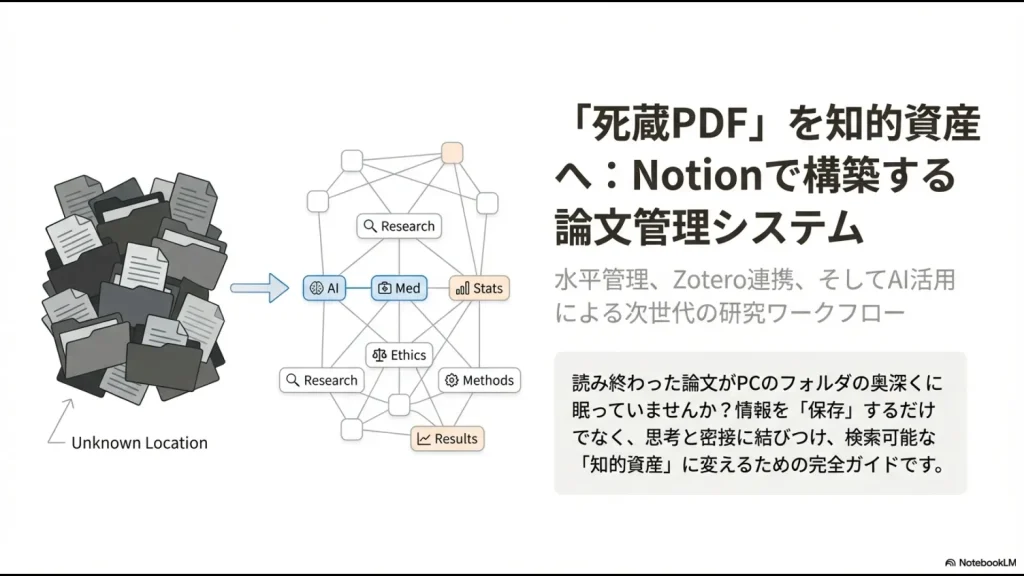 PC上の死蔵PDFをNotionに集約し、AIやZoteroと連携させて知的資産に変えるイメージ図
