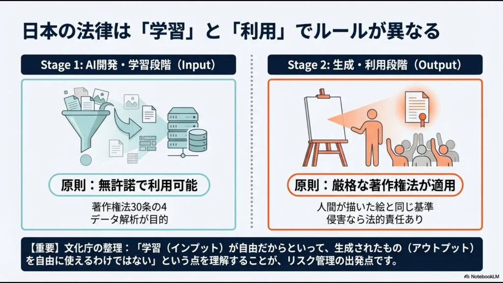 日本の法律におけるStage 1のAI開発・学習段階（Input）とStage 2の生成・利用段階（Output）のルールの違いを解説する図解スライド