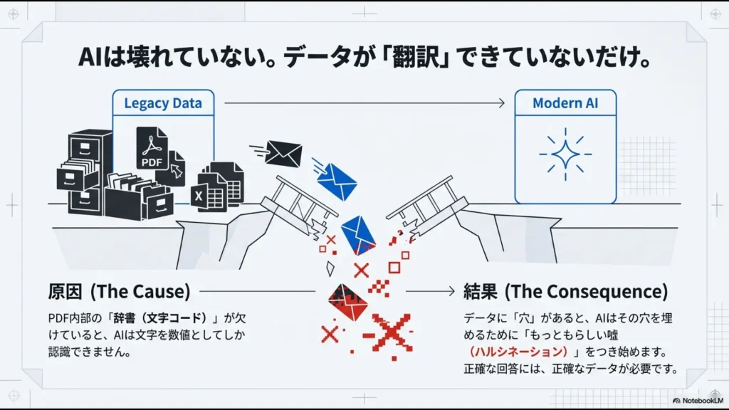 PDF内部の文字コード欠落が原因で、AIが「もっともらしい嘘（ハルシネーション）」をつくプロセスを説明した図解スライド
