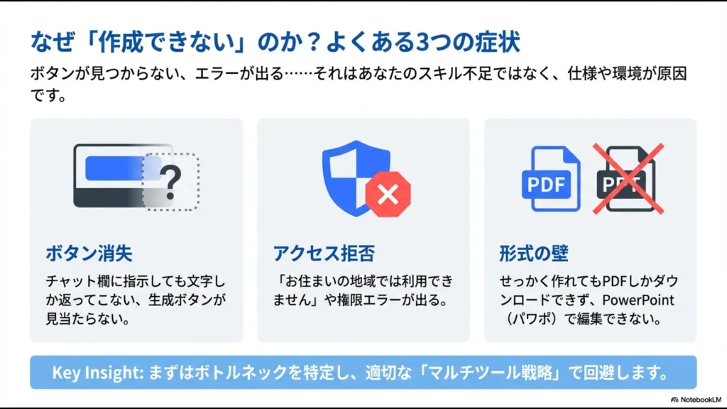 NotebookLMでボタンがない、エラーが出る、PDFしか出力できないといった3つの主な症状の図解