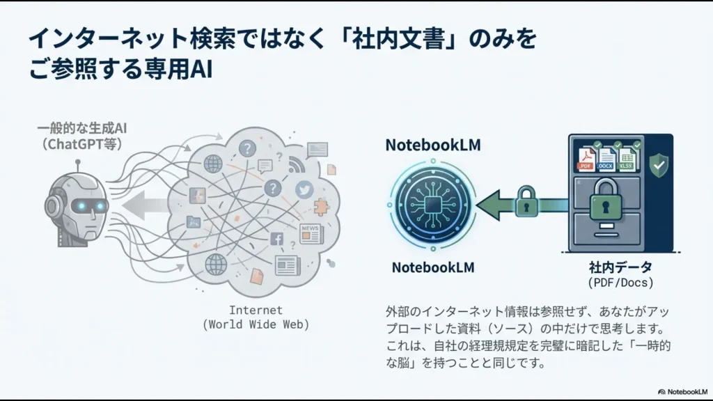 一般的なAIがインターネット情報を参照するのに対し、NotebookLMがアップロードされた社内文書（ソース）のみを参照する仕組みの比較図。