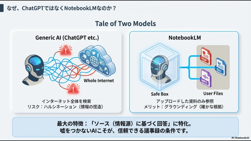 インターネット全体を参照する一般AIと、アップロード資料のみを参照しハルシネーションを防ぐNotebookLMの違いを解説した比較図
