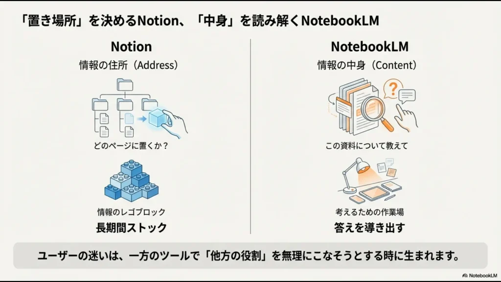 情報を置く場所（Address）を決めるNotionと、資料の中身（Content）を読み解くNotebookLMのアプローチの違い