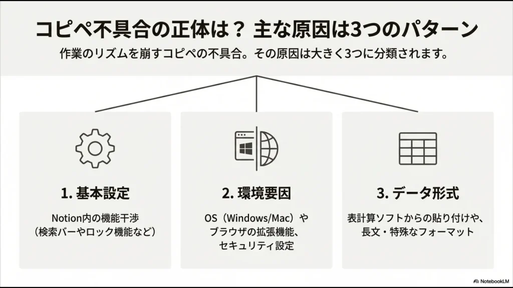 Notionのコピペ不具合の原因を「基本設定」「環境要因」「データ形式」の3つに分類した図解。