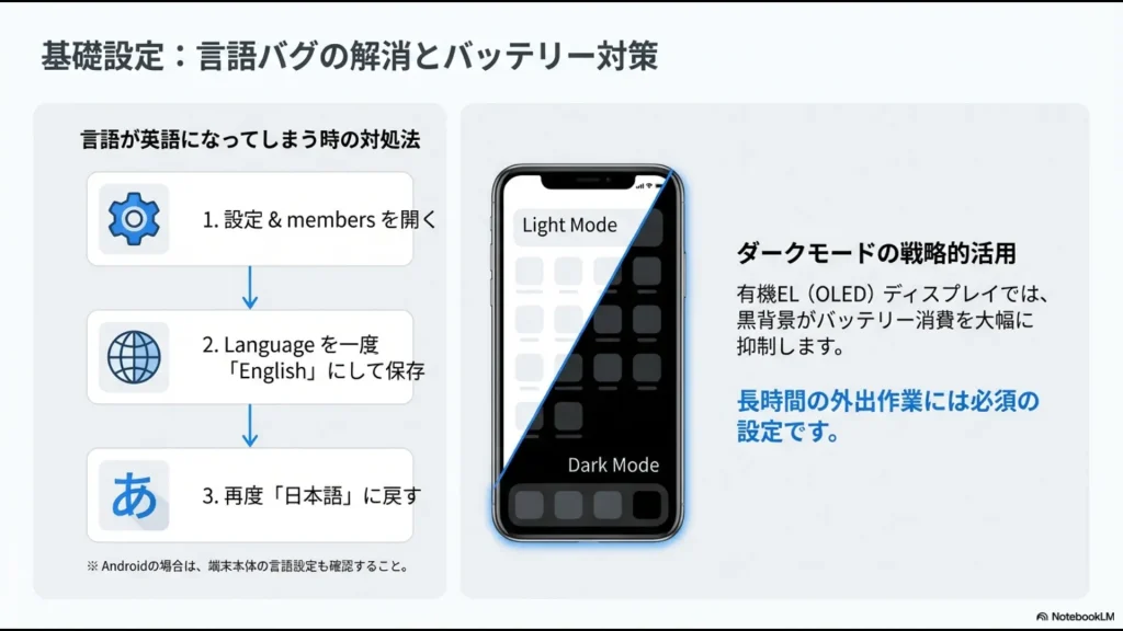 Notionスマホ版の英語表記を日本語に戻す手順とダークモードによるバッテリー節約の解説