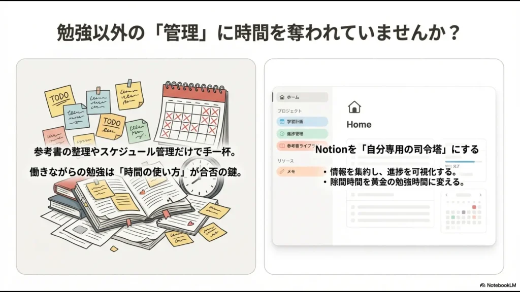 情報を集約し進捗を可視化することでNotionを自分専用の司令塔にするイメージ。