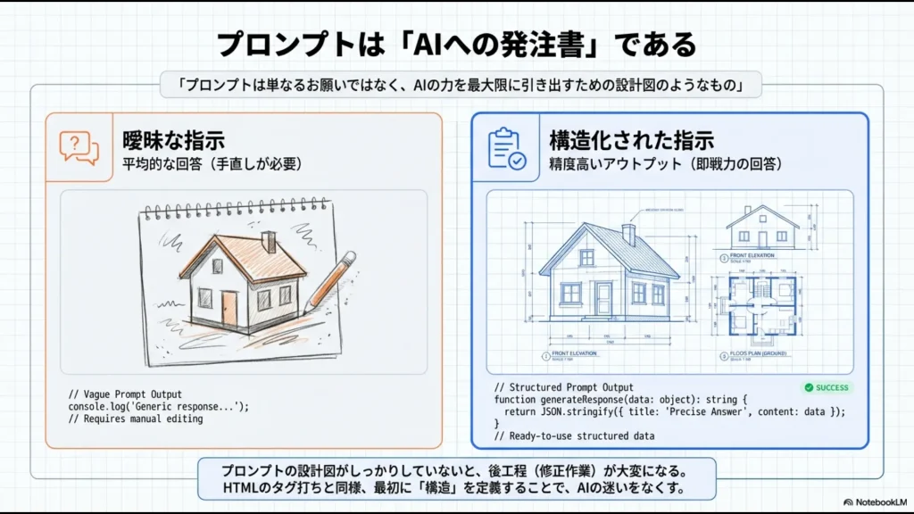 曖昧な指示による平均的な回答と、構造化された指示による精度高いアウトプットの違いを比較した図。