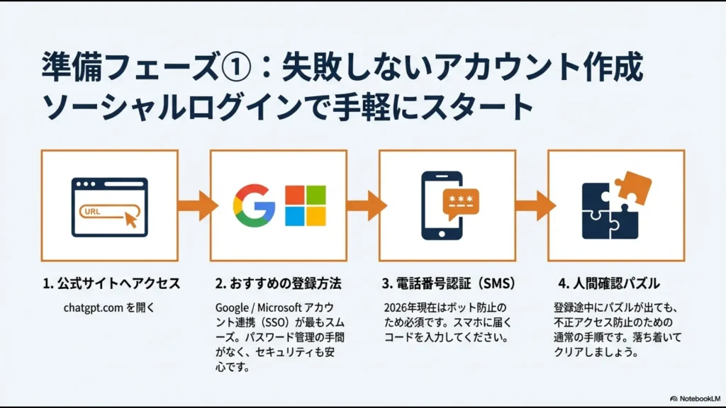 ソーシャルログイン（SSO）、電話番号認証、人間確認パズルなど、アカウント作成の4ステップ解説