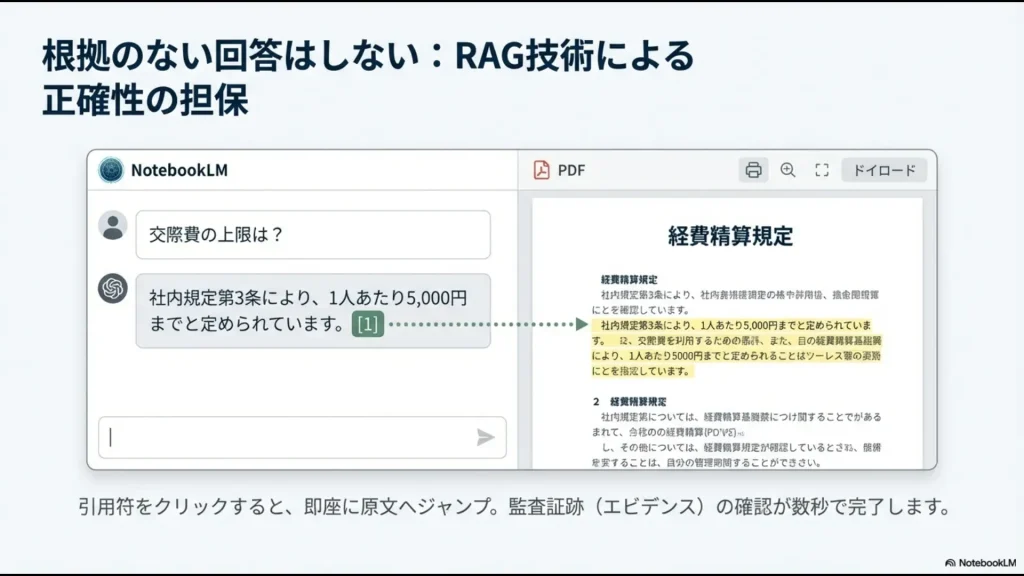 NotebookLMが社内規定に基づき回答し、回答の根拠となった原文へワンクリックでジャンプする操作画面のイメージ。