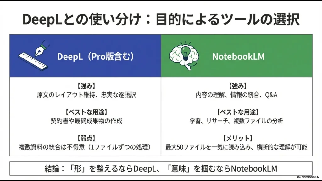 レイアウト維持のDeepLと、意味理解・統合のNotebookLMを比較した表。目的（形を整えるか、意味を掴むか）に応じたツールの選択基準を示している。