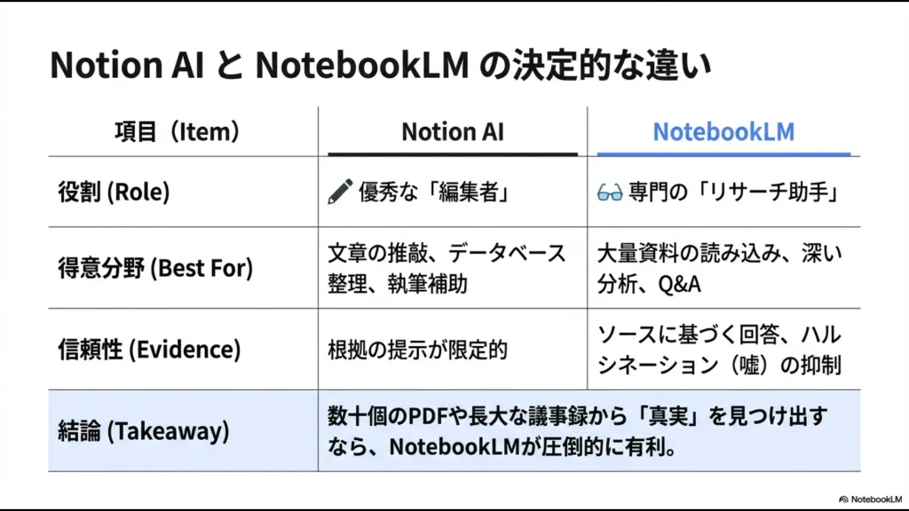 編集者役のNotion AIとリサーチ助手役のNotebookLMの得意分野と信頼性の比較表