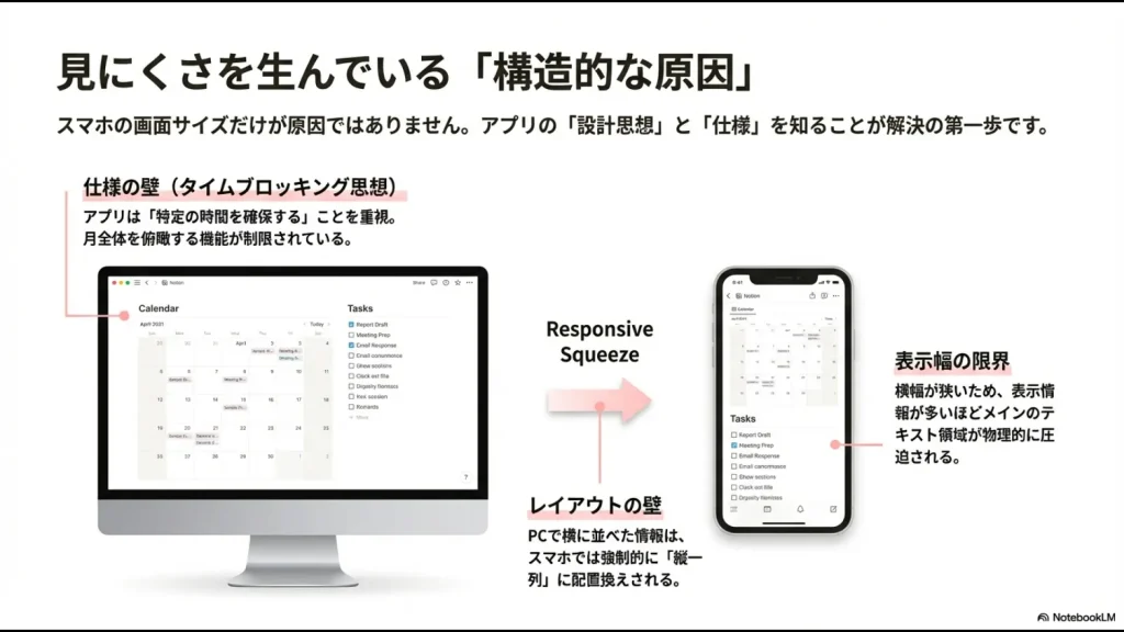 タイムブロッキング思想による月表示制限と、PCの横並びがスマホで縦一列になるレイアウトの仕組みの比較 。