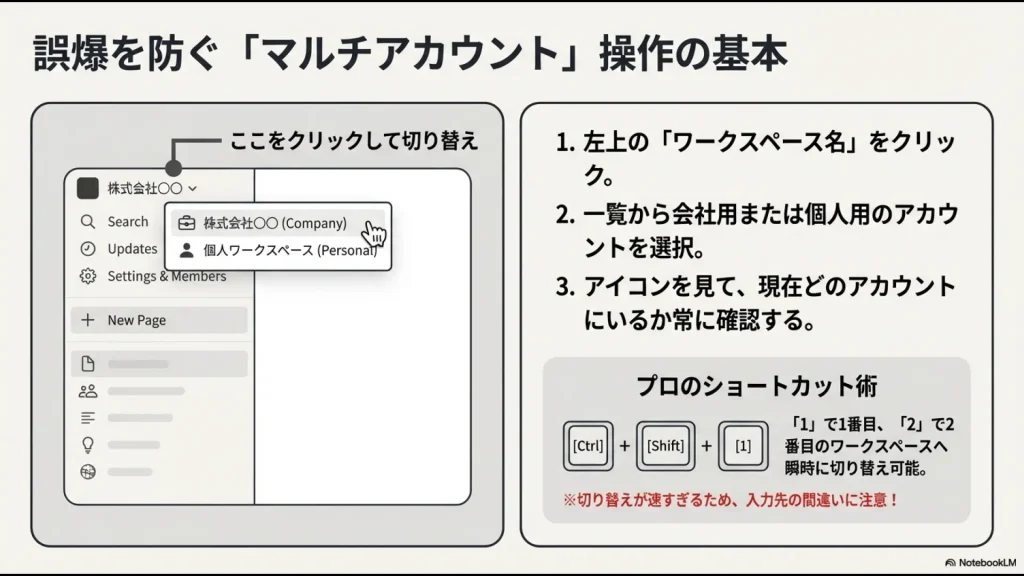 Notionデスクトップアプリで会社用と個人用アカウントを切り替える手順と、瞬時に切り替え可能なショートカットキーの解説。