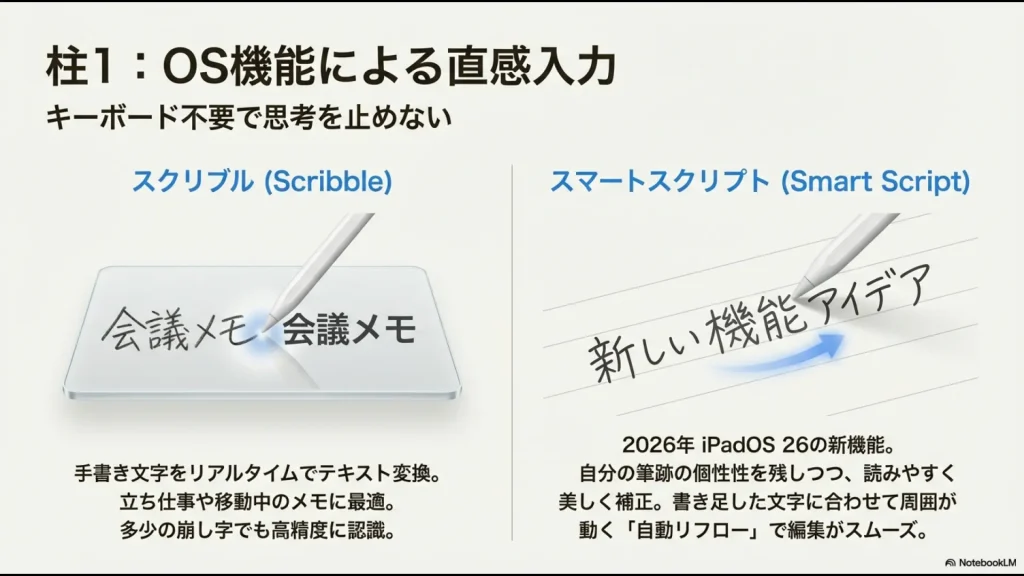 手書きをリアルタイム変換するスクリブルと、筆跡を補正し自動リフローに対応したスマートスクリプトの解説スライド。