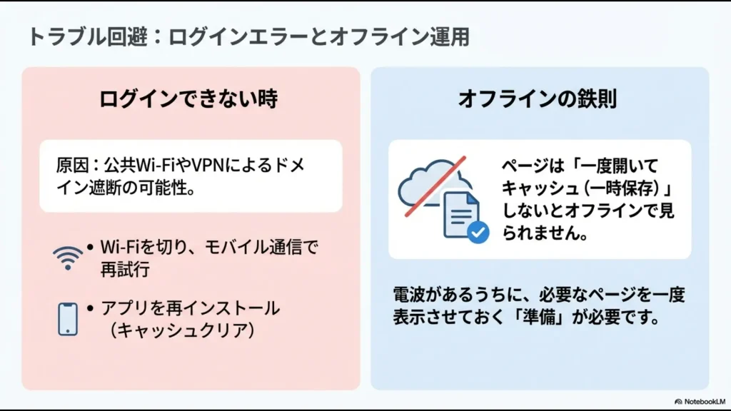 接続障害時の対処法とオフラインでページを閲覧するための事前キャッシュ準備の重要性