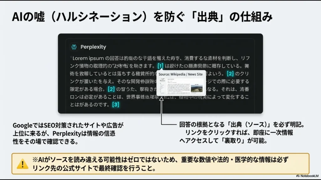 AIのハルシネーションを防ぐためのPerplexityの出典（ソース）表示機能の解説