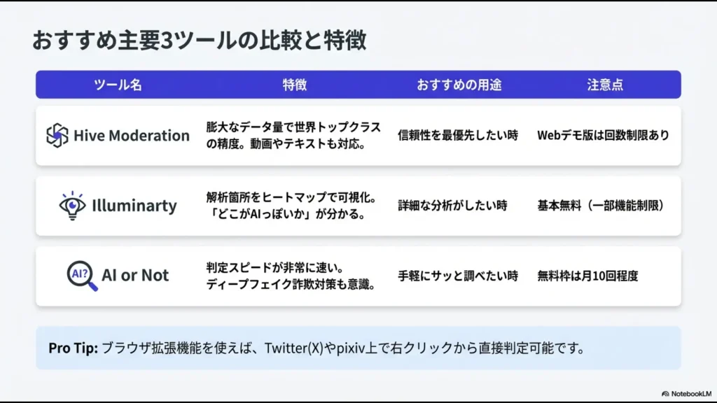Hive Moderation、Illuminarty、AI or Notの3つのツールの特徴、用途、注意点をまとめた比較表スライド