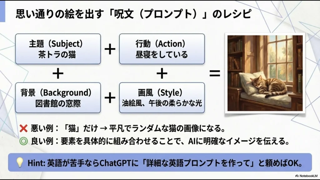 主題、行動、背景、画風を具体的に組み合わせてAIにイメージを伝える良いプロンプトの作り方解説 。