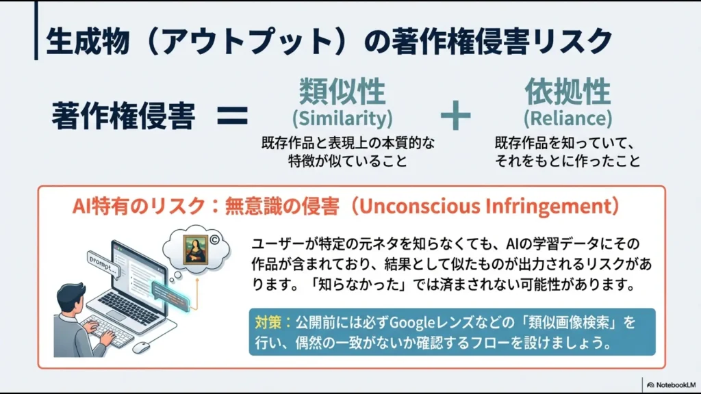 著作権侵害の判断基準である類似性と依拠性に加え、AI特有の無意識の侵害リスクと対策としての類似画像検索を解説するスライド