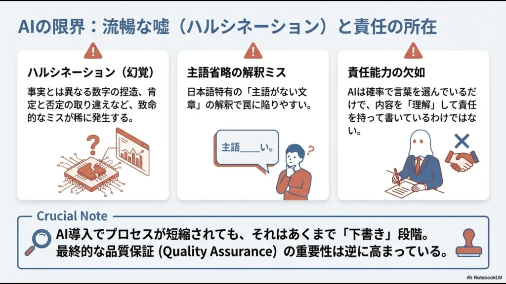 捏造や誤訳などのハルシネーションのリスクと、最終的な品質保証（QA）の重要性を示す図解