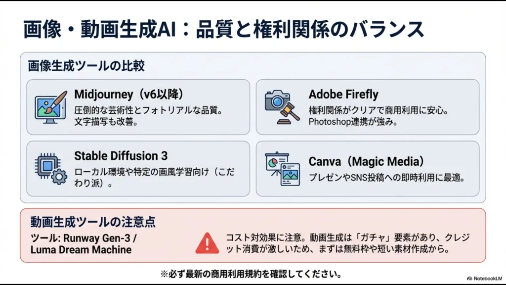 Midjourney、Adobe Firefly、Canvaなどの画像生成AIと動画生成AIの商用利用に関する注意点