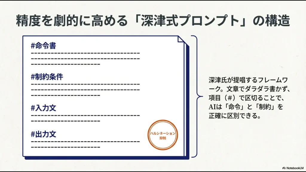 命令書、制約条件、入力文、出力文の項目で区切ることでAIのハルシネーションを抑制する深津式プロンプトの構成図 。