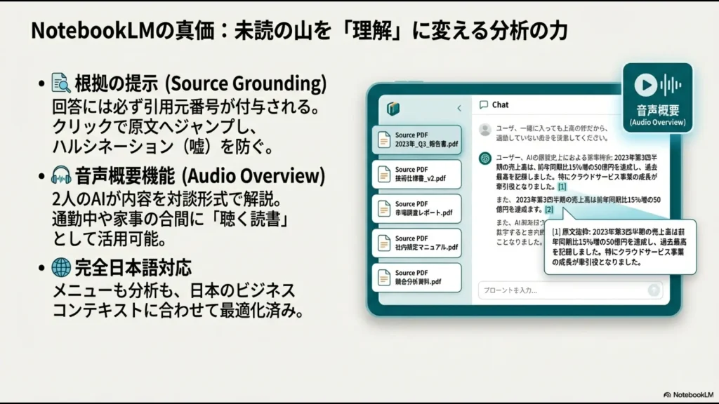 NotebookLMのチャット画面例。回答の根拠を示すソース引用（Source Grounding）と、音声概要（Audio Overview）機能の解説
