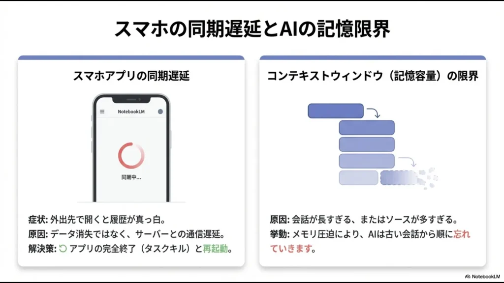 スマホアプリの同期遅延の原因と解決策、およびコンテキストウィンドウの限界による記憶消失の説明図