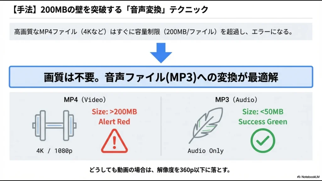MP4動画ファイルが200MB制限でエラーになる際、MP3などの音声ファイルに変換することで容量を削減しアップロードを成功させる方法。