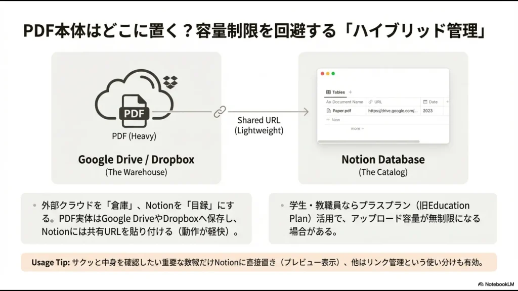 Google DriveやDropboxを「倉庫」とし、Notionを「目録」として活用する容量節約術の図解