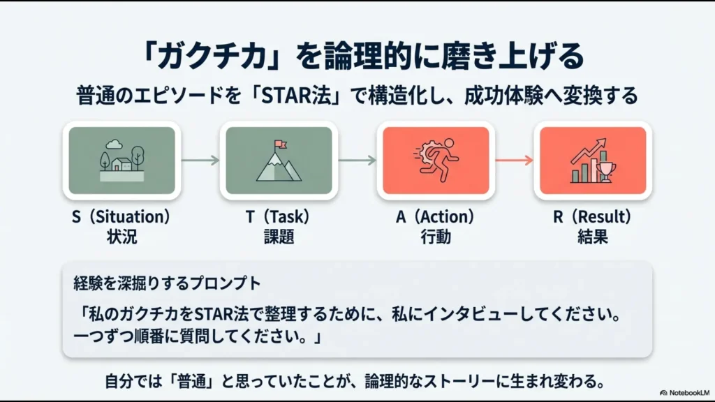 S（状況）、T（課題）、A（行動）、R（結果）の4要素でエピソードを整理し、論理的なストーリーに変換するプロンプトの例
