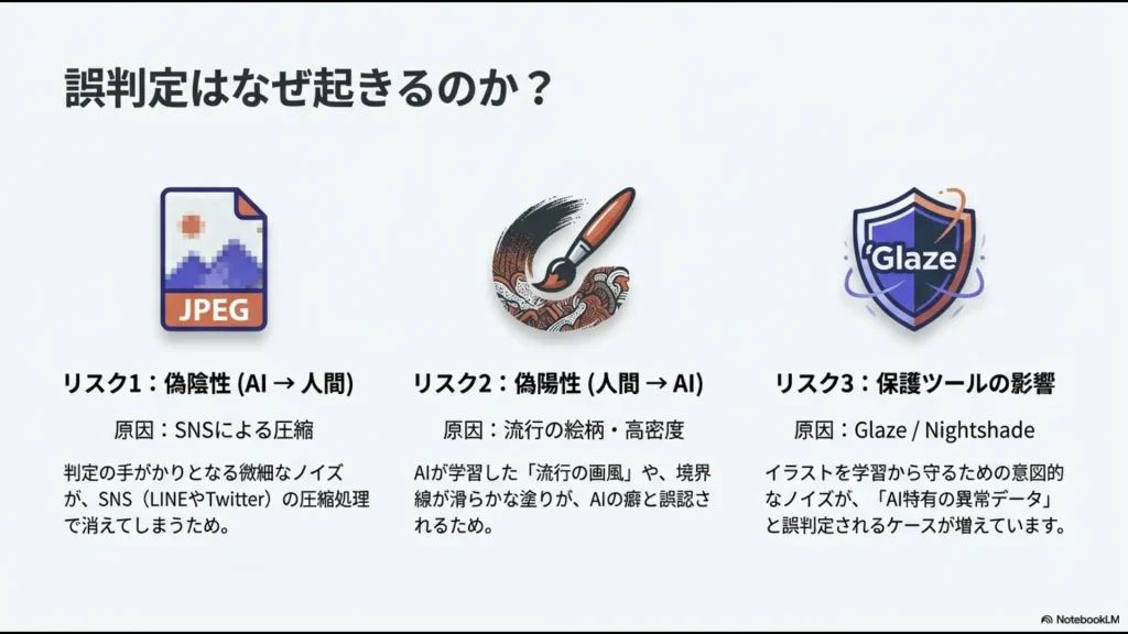 SNS圧縮による偽陰性、流行の絵柄による偽陽性、Glaze等の保護ツールによる誤判定の3つのリスクを解説するスライド